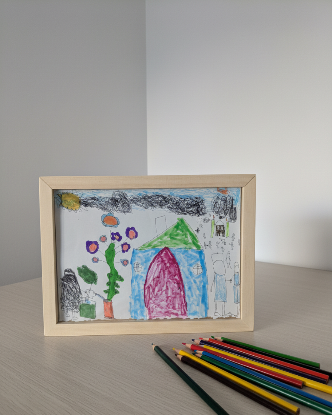 Kids art frame with storage